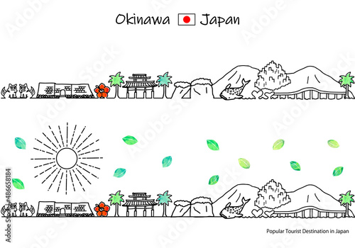 手描きの夏の沖縄県の観光地の街並みシンプル線画セット