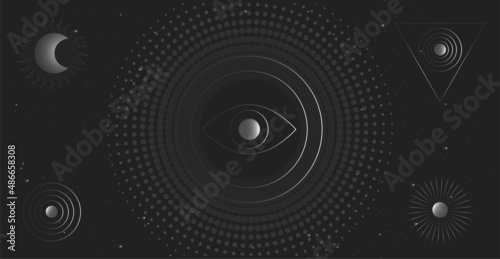 Abstract mystical shapes on a black background. Esoteric symbols, imitation of planets.