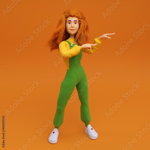 red-haired girl on an orange background points to