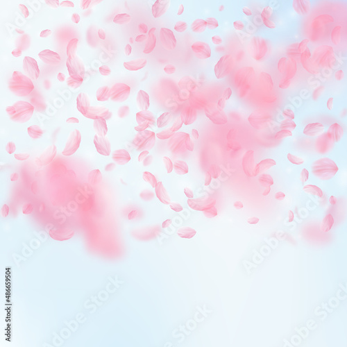 Sakura petals falling down. Romantic pink flowers gradient. Flying petals on blue sky square background. Love, romance concept. Wonderful wedding invitation.