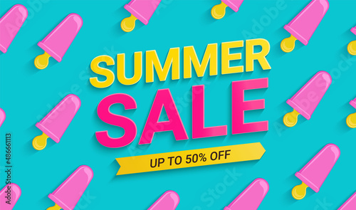 Bright Sale banner for summer 2022 with ice cream.Just now up to 50 percent discounts in hot season,sweet jelato pattern.Poster,flyer with invitation to shopping.Template for design.Vector