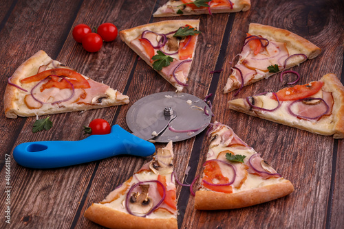 delicious pizza with ham on wooden background for menu1 photo