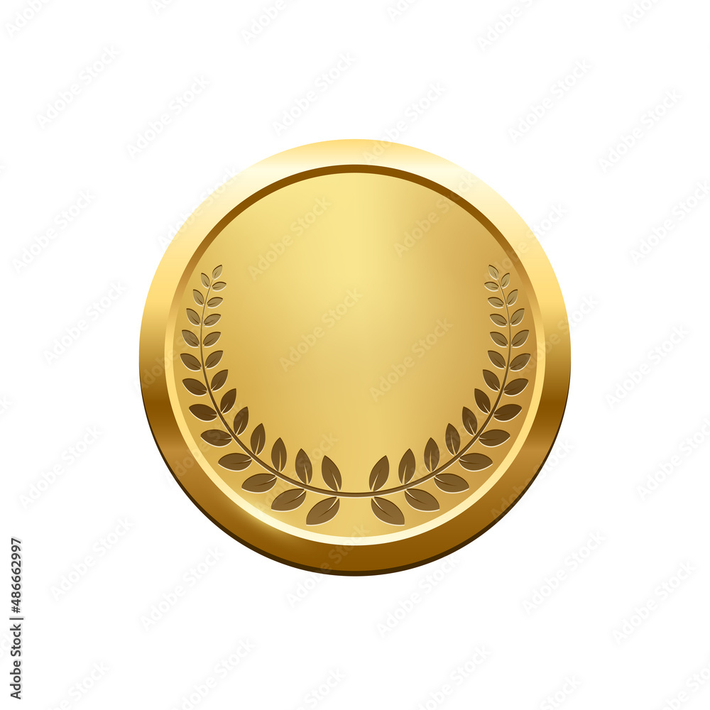 Gold medal with laurel wreath vector illustration. 3d realistic trophy badge of circle design, greeting anniversary or jubilee medallion, achievement champion isolated on white background. Gold medal with laurel wreath vector illustration. 3d realistic trophy badge of circle design, greeting anniversary or jubilee medallion, achievement champion isolated on white background.