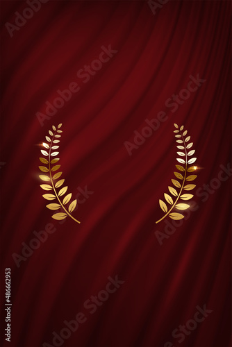 Award nomination emblem, gold laurel wreath with red curtain background. Movie award ceremony opening, celebration event, announcement vector illustration. Film theatre scene.