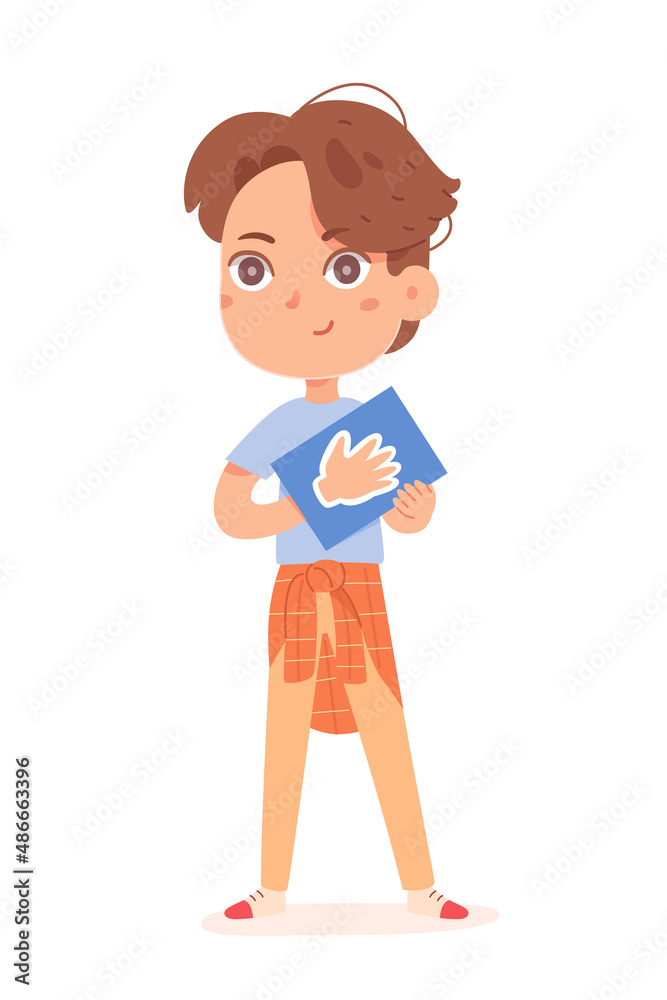 Kid studying human body in anatomy lesson, boy holding card with hand Kid studying human body in anatomy lesson, boy holding card with hand