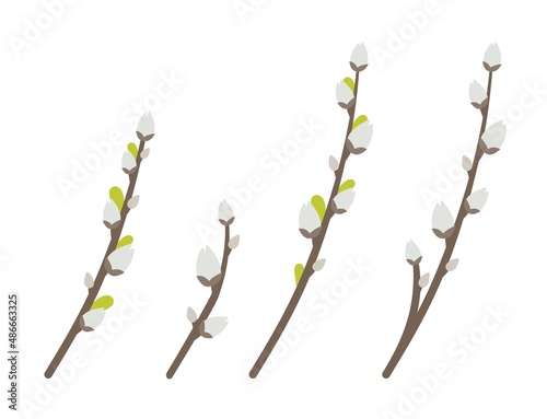 A set of willow branches happy Easter with patterns. Vector illustration in a flat style isolated on a white background