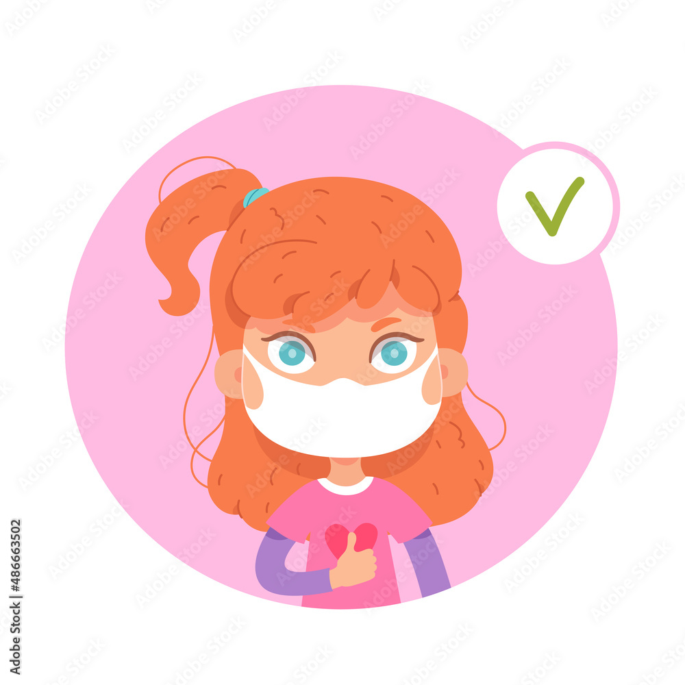 Kids wear medical face mask in correct way, instructions for girl protect health Kids wear medical face mask in correct way, instructions for girl protect health