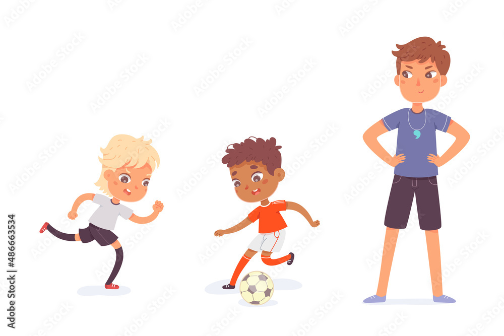 Soccer sport, active children run with ball, cute kids play football game