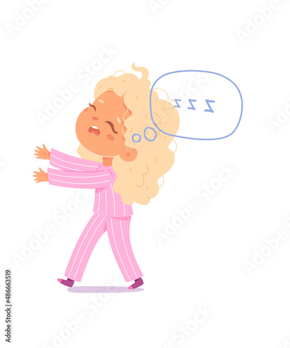 Girl sleepwalker walking in funny pajamas at night, kid sleepwalking