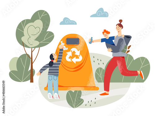 Family people throwing trash garbage into container, mother with baby running to dustbin