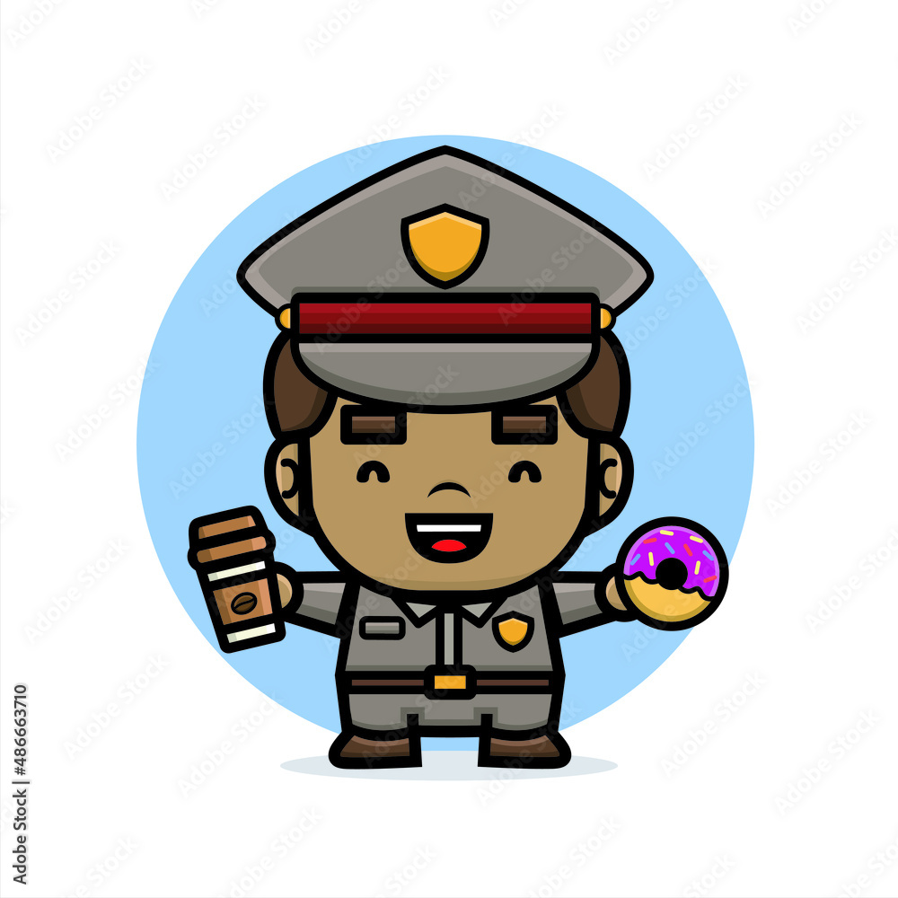 cartoon cute police hold on coffee and donuts cartoon cute police hold on coffee and donuts