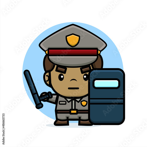 cartoon police hold on nightstick and riot shield