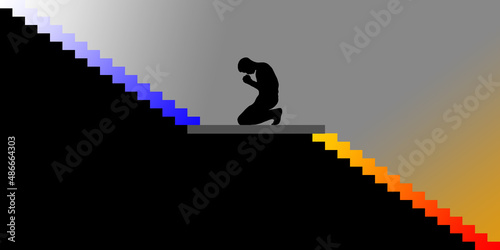 Silhouette of a man praying in front of the stairs to heaven.