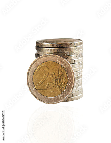 Coin stack with 2 euro isolated on a white background