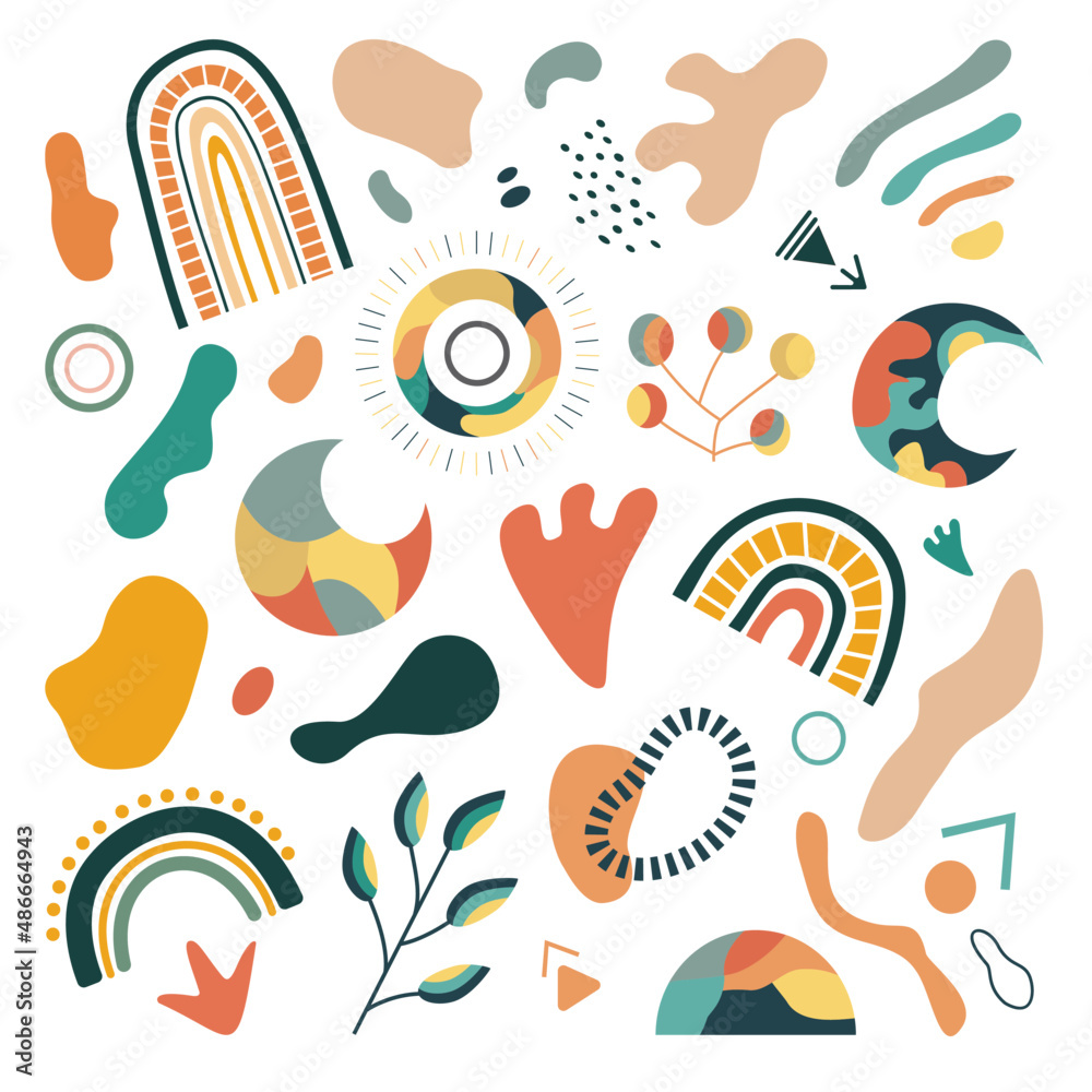Modern clipart of hand-drawn abstract shapes and objects: spots, rainbow, moon, sun. Ornament. Bohemian-style wall decor. Collection of contemporary art prints.