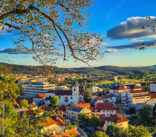 Sunset aerial view of Postojna town, Slovenia