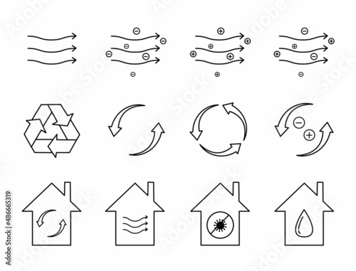 Air Purifier Devices Collection. Icons Set Vector Thin Line. Air circulation And Ionizer Concept Linear Pictograms. Ventilation Technology Monochrome Contour Illustrations. Humidifier