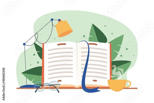 Learning and reading concept. Distance education, online courses and business, education, online books and study guides, exam preparation, home teaching. Open book on table. Flat vector illustration.