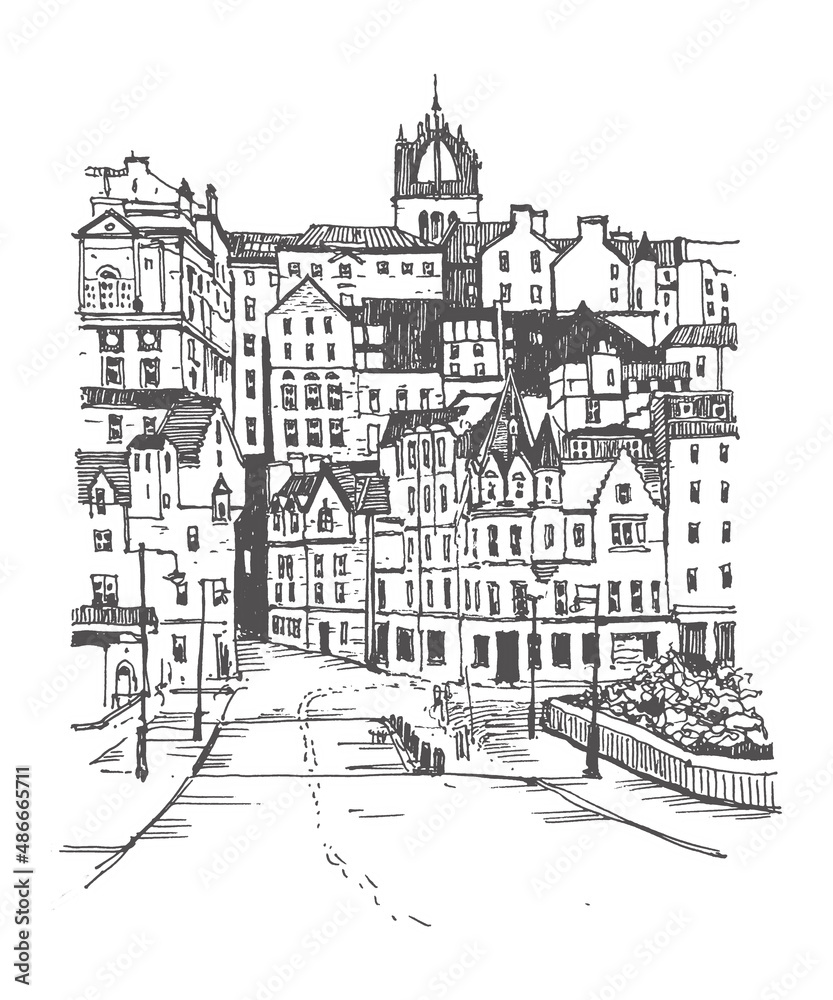 Old town street in Scotland, Edinburgh. Historical building line art. Freehand drawing. Travel sketch. Urban sketch of Edinburgh in black color isolated on white background. Hand drawn travel postcard