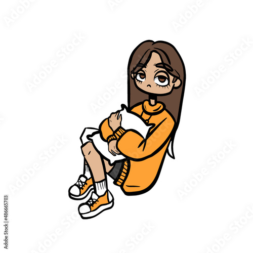 Sitting character with pillow embraced isolated on white. Brown hair, boots. Orange hoodie. You able to change colors in separate layers to you needs. 