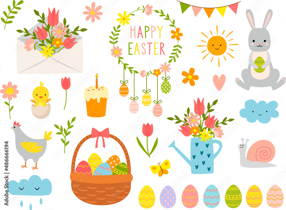 Fototapeta premium Set of cute Easter cartoon characters and design elements. Easter bunny, chickens, eggs, and flowers. Vector illustration.
