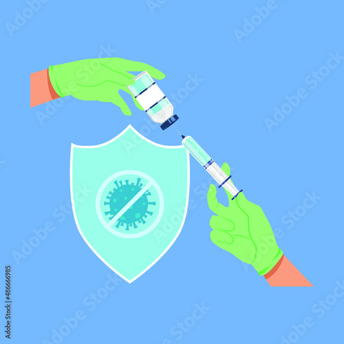 Syringe, vaccine and shield. Treatment for coronavirus covid-19. Time to vaccinated. Isolated vector illustration.