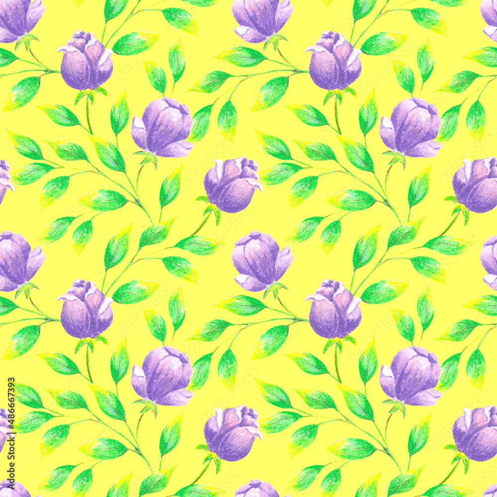 custom made wallpaper toronto digitalSpring floral pattern with lilac pastel flowers and green leaves, summer flowers, botanical illustration, nature. Floral pattern in hand-made style for fabrics, clothes, postcards.
