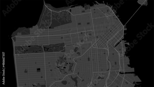 Dark black San Francisco city area vector background map, roads and water illustration. Widescreen proportion, digital flat design.