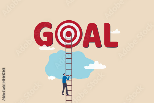 Ladder to reach goal, target and achievement, challenge to find success, business objective or purpose concept, smart businessman climb up ladder high into cloud sky to reach goal dartboard.