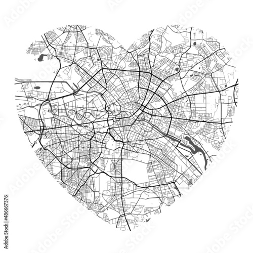 Heart shaped Berlin city vector map. Black and white colors. Roads, streets, rivers.