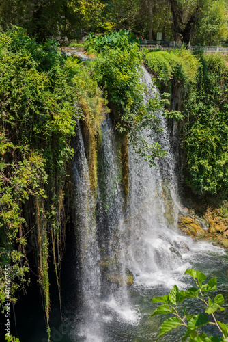 Summer landscape with big waterfall. Duden waterfalls in Antalya. Opposite top view.