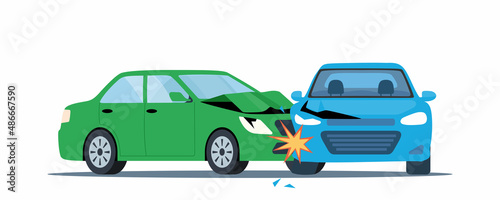 Car accident. Damaged transport on the road. Collision of two cars, side view. Road collisition. Damaged transport. Collision on road, safety of driving personal vehicles, car insurance. Vector.