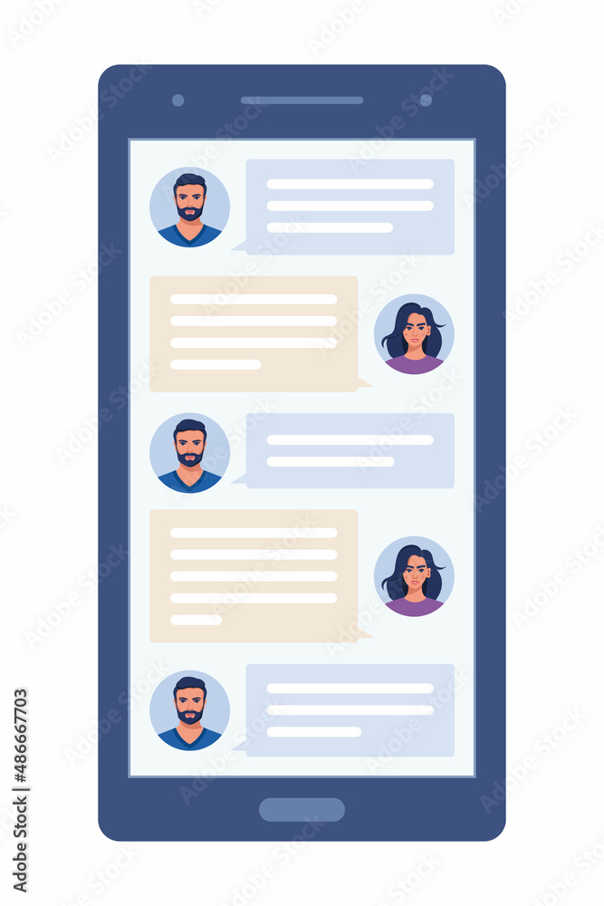 Dialogue men and women in the messenger on the smartphone screen. Modern smartphone with messenger app window. Chatting and messaging. Vector illustration. Dialogue men and women in the messenger on the smartphone screen. Modern smartphone with messenger app window. Chatting and messaging. Vector illustration.