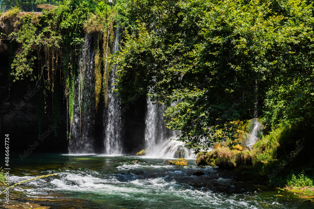 Summer landscape with big waterfall. Duden waterfalls in Antalya. front view.
