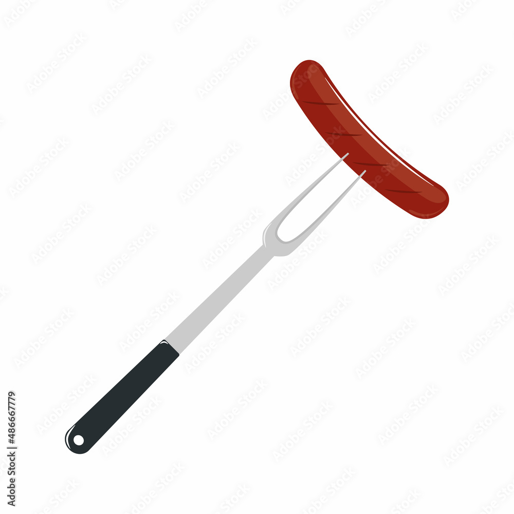 Sausage on a fork, isolated on white background. Grilled sausage for poster, invitation to a bbq party. Vector illustration. Sausage on a fork, isolated on white background. Grilled sausage for poster, invitation to a bbq party. Vector illustration.