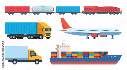 Freight transport icons set. Cargo and delivery, logistics and freight traffic, vector illustration. Includes cargo ship, truck, lorry, train, plane. Vector illustration.