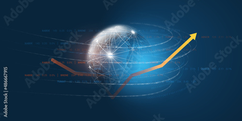 Financial Success -  Business Concept with Stats, Diagram Showing Growth and Flowing Binary Data Around Earth Globe - Futuristic Dark Blue Design, Vector Illustration