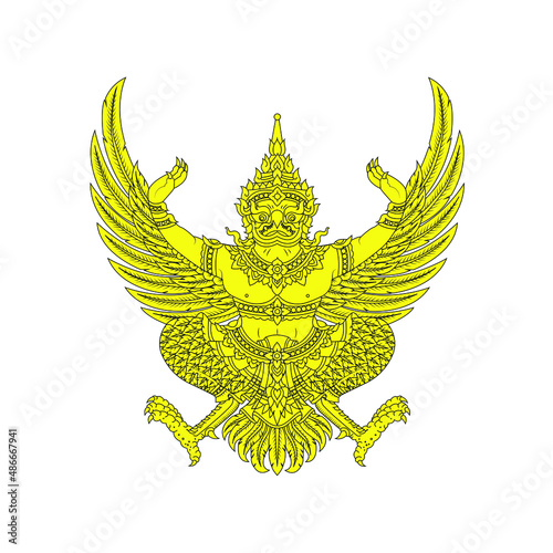 Garuda's bird on a white background. Image of a half-bird, half-man Garuda. A symbol in Hinduism and Buddhism. Golden Statue of Garuda