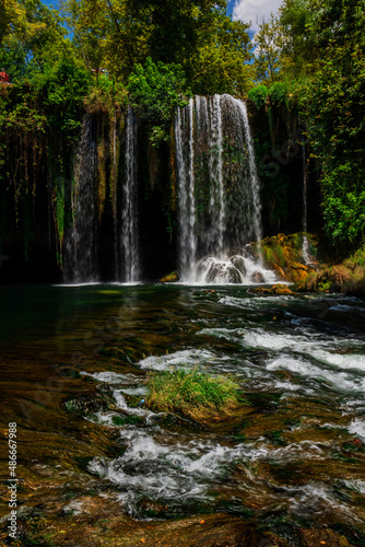 Fototapeta Naklejka Na Ścianę i Meble -  Summer landscape with big waterfall. Duden waterfalls in Antalya. front view.