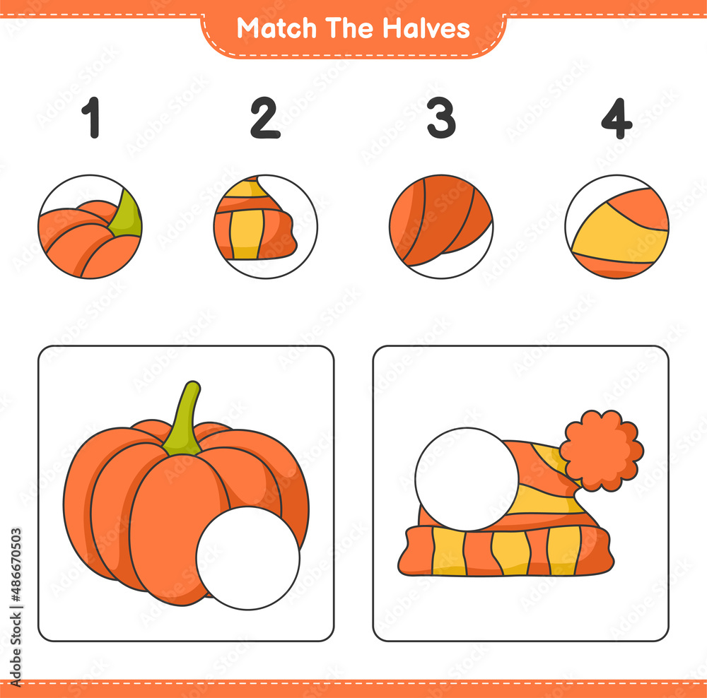Match the halves. Match halves of Pumpkin and Hat. Educational children game, printable worksheet, vector illustration