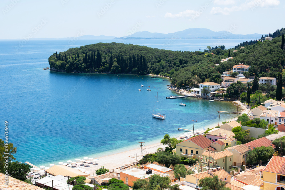 Corfu island, beautiful bay in Kalami village, Greece, Top view of picturesque mediterranean landscape