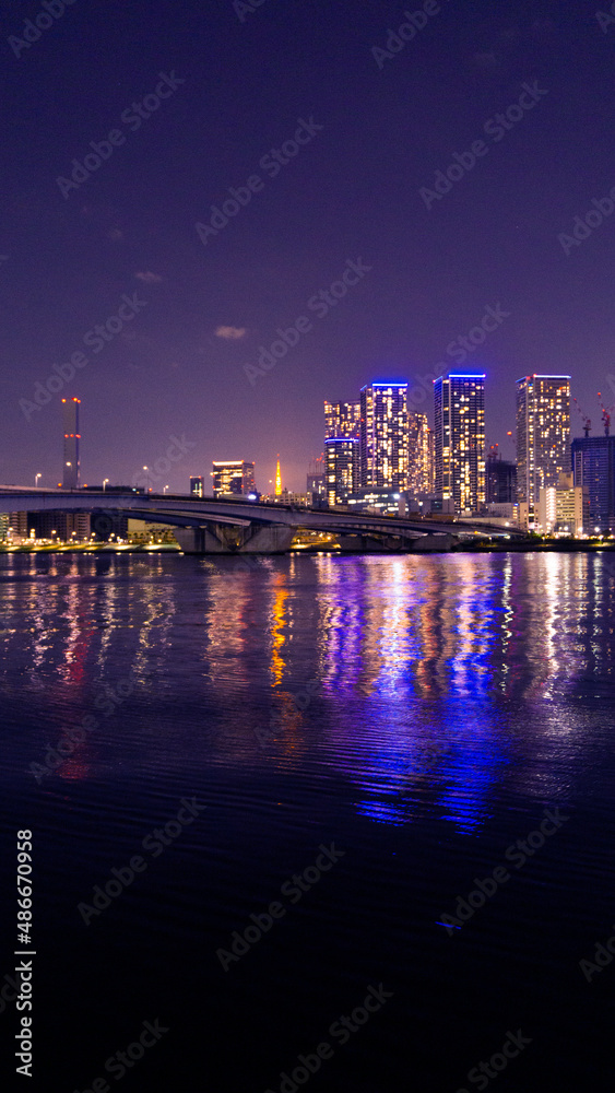 Night view of a high-rise condominium along an urban river_15