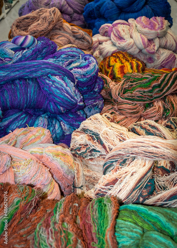wool yarn threads, close-up of yarn texture, knitting as a hobby