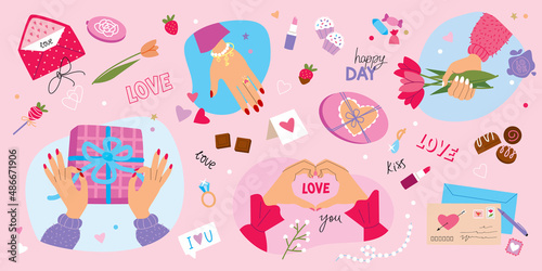 Vector set of valentines day. Illustration with love elements, hand lettering, trendy color palette and cute things.
