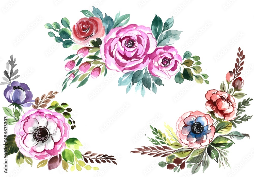 Beautiful bunch flowers set watercolor design