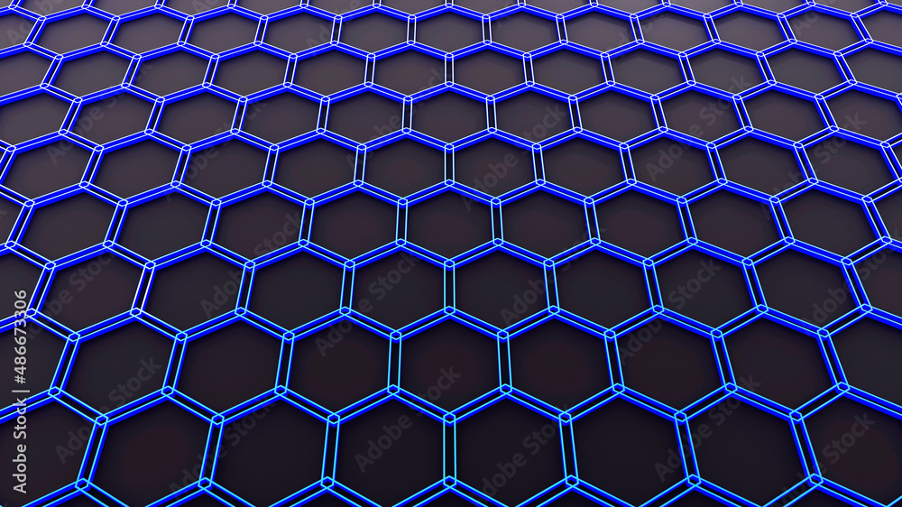 Background with 3D hexagons pattern, blue honeycomb structure on black ...