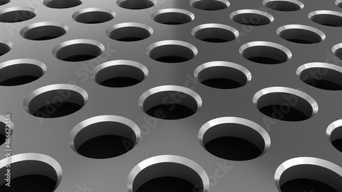 Metallic background with punched holes pattern, technological metal design, 3D perforated texture render ilustration.
