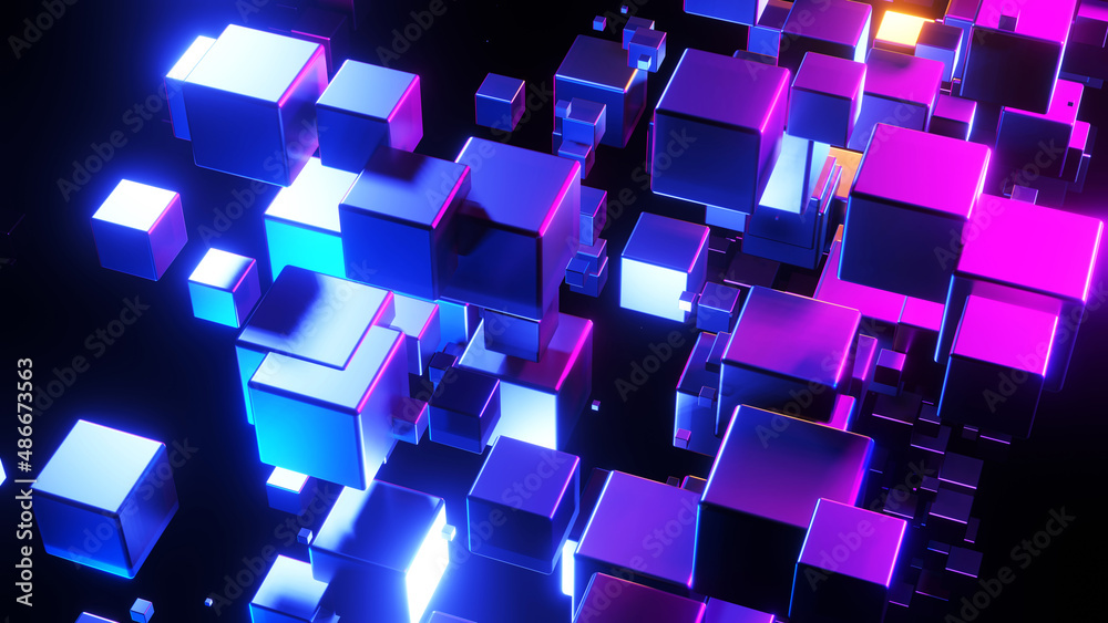 Abstract background 3D, many cubes with neon purple blue glow on black interesting science technology background, 3D render illustration. Abstract background 3D, many cubes with neon purple blue glow on black interesting science technology background, 3D render illustration.