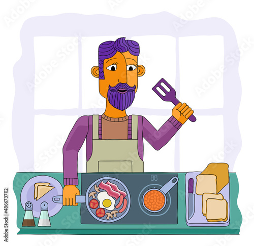 Man Cooking Food Fried English Breakfast Kitchen