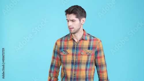 Wallpaper Mural Frustrated guy feel so hot overheating isolated sky light color background Torontodigital.ca